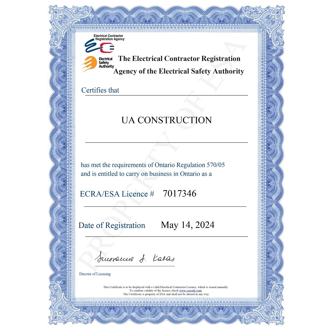 UA CONSTRUCTION 7017346 CERTIFICATE